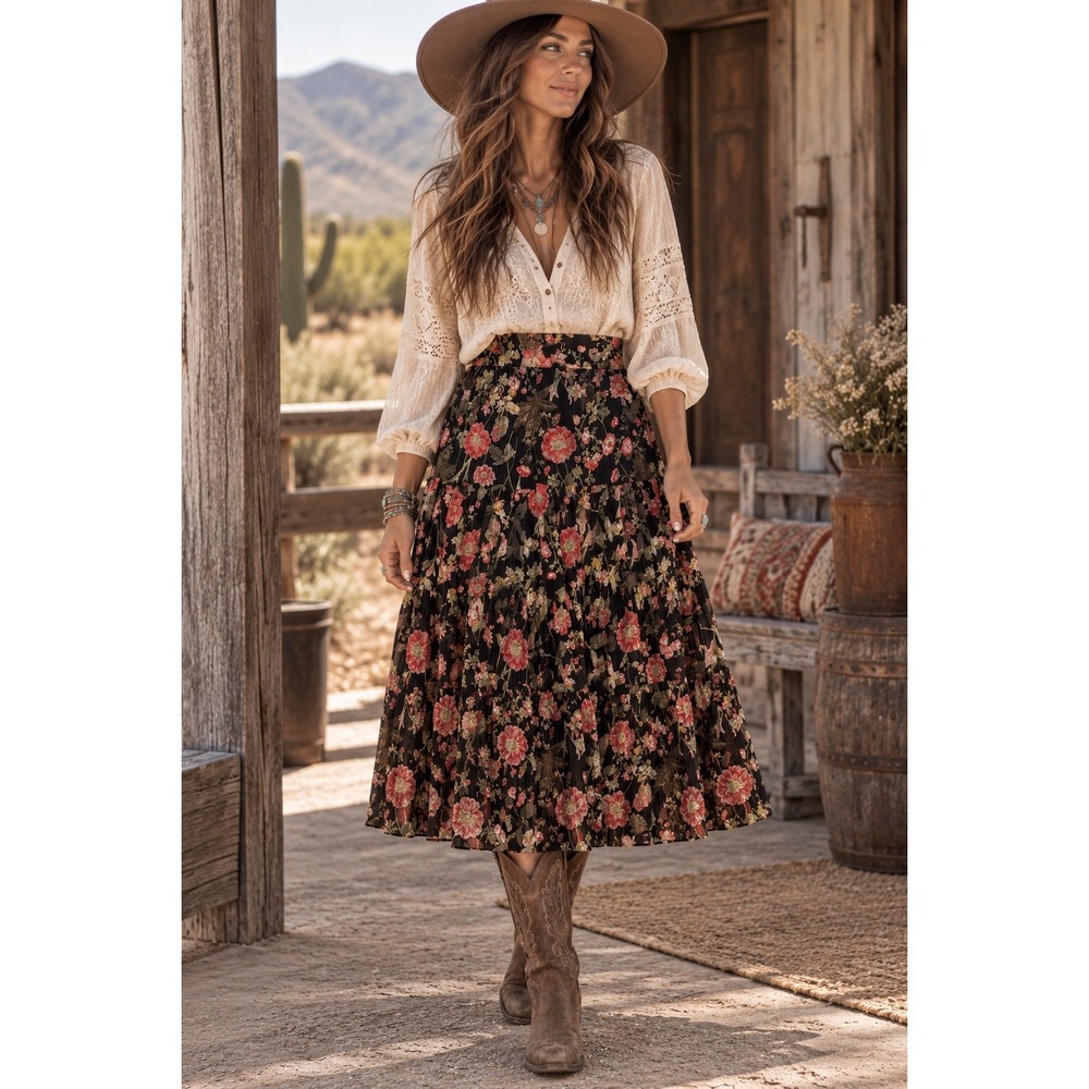 LC Lauren Conrad Floral Metallic Tiered Midi Skirt Black Red Pink Gold Large